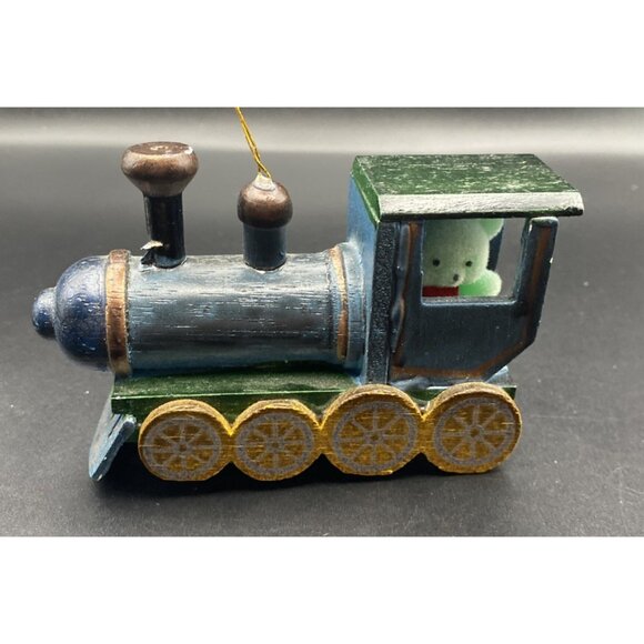 Lot 2 Vintage Wooden Train Ornaments Santa Blue Bear Engine Locomotive Christmas - Picture 9 of 15